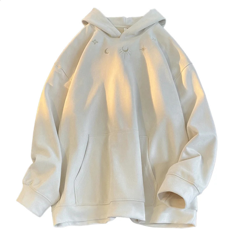 Suede Sweatshirt Men Retro Street Loose Hoodie Embroidery Pattern Gothic Style Hooded Sweatshirt Autumn Male Sweatshirts 250826