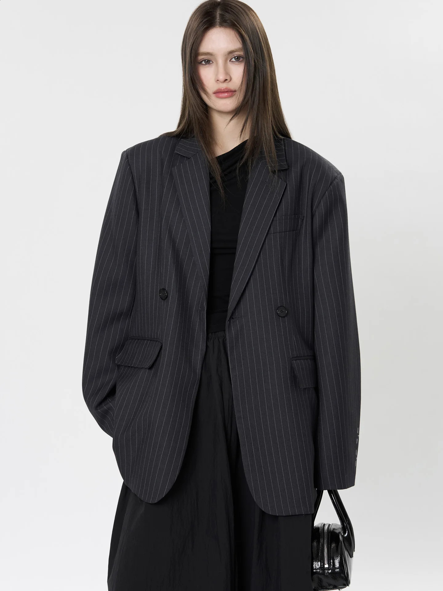 Womens Casual Striped Pocket Decoration Double breasted Loose Jacket Blazer 250904