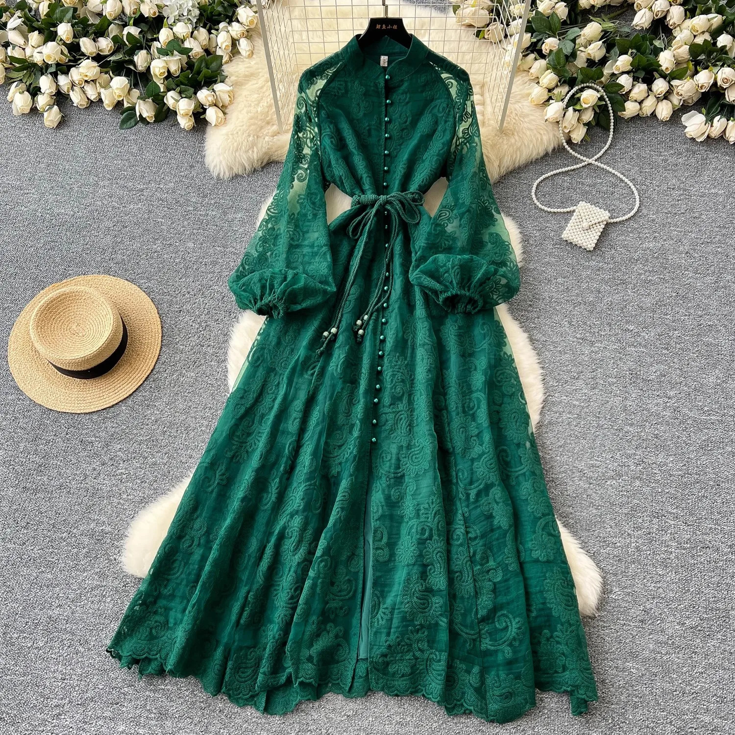 Summer Runway Flower Lace Embroidered Dress French Women Stand Lanetern Sleeve Elegant Sashes Vintage Party Long Robe Vestidos 250825