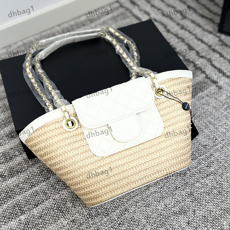 Straw Woven Vegetable Basket Beach Bag Fashionable Ladies Shoulder Bag Underarm Bags Golden Hardware Metal Matelasse Chain Handbag Crossbody Sacoche Purse 22cm