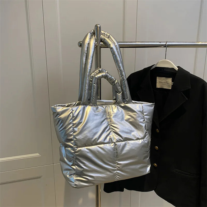 Puffy Shoulder Bag Women Quilted Space Down Feather Padded Cotton Handbag Winter Large Capacity Warm Shopping Purse 250820