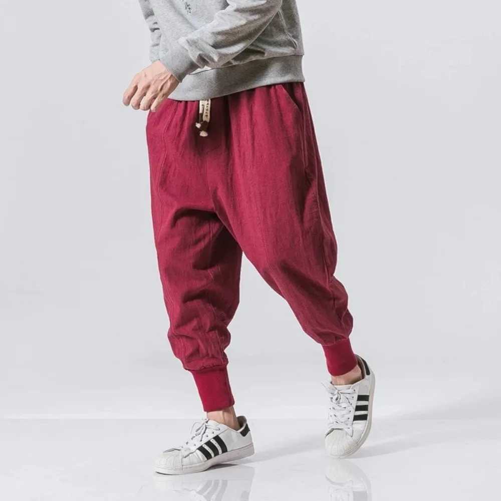 100 Cotton Linen Harem Pants Men Streetwear Joggers New Baggy Dropcrotch Pants Casual Trousers Men Sweatpants W250826