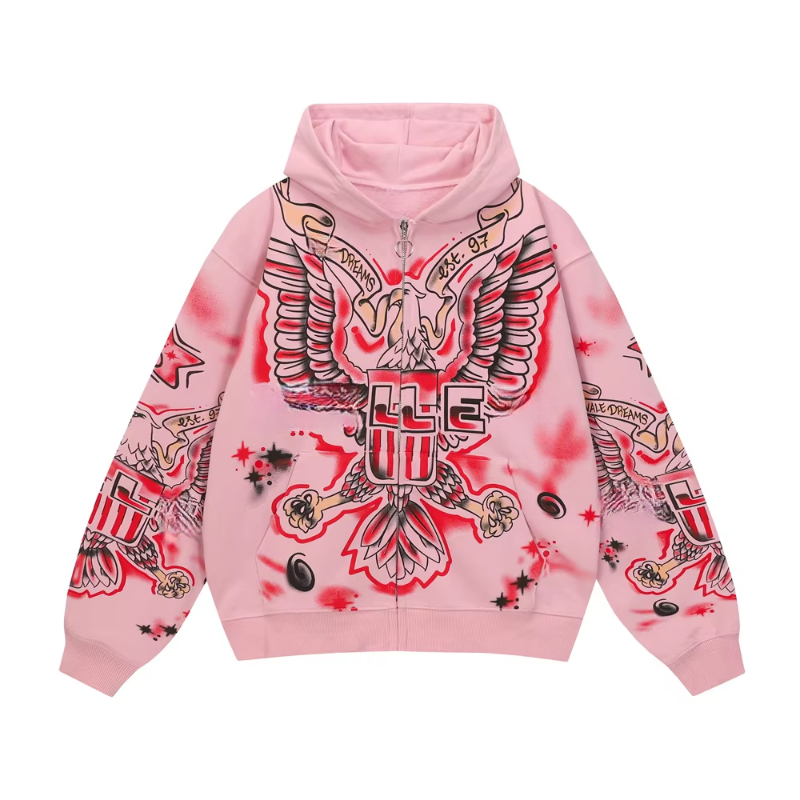 2025fw Hoodie Retro Fashion Streetwear Letter Graffiti Full Print Sweatshirt Zipper Cardigan