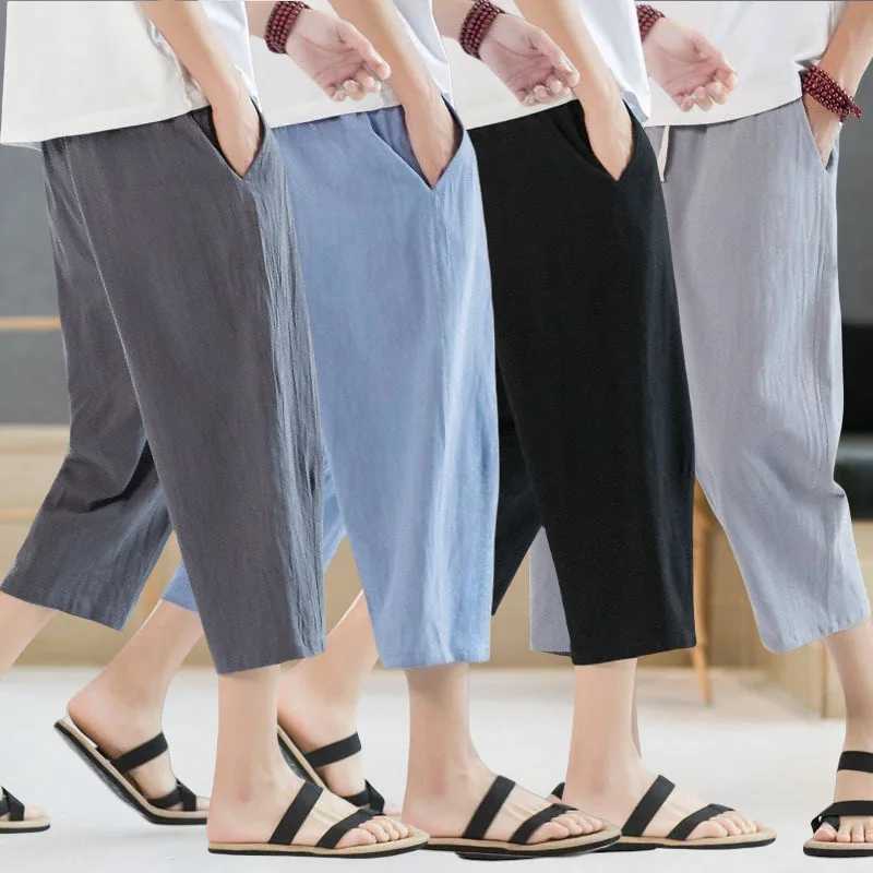 2025 Mens Fashion Casual Cropped Pants Solid Color Breathable Loose Shorts Straight Pull Pants Streetwear Mens W250826
