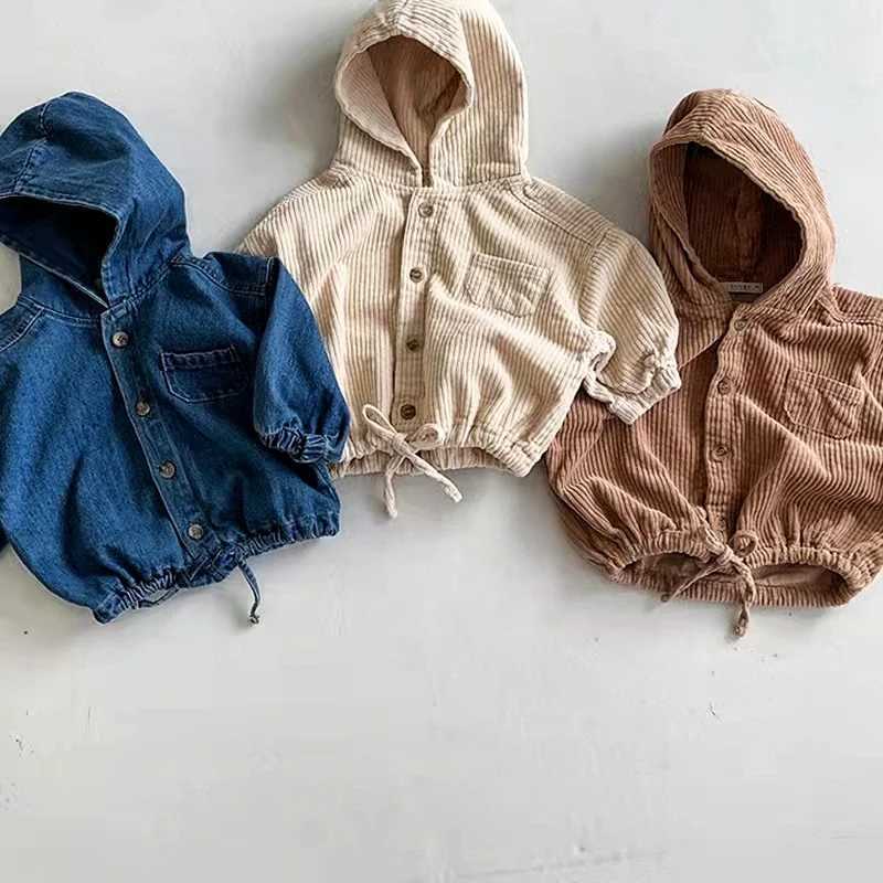 WT212033 Korean Sle Baby Spring Autumn Hooded Denim Corduroy Casual Jacket New Arrival Fashionable Open Cardigan for Kids Z250826