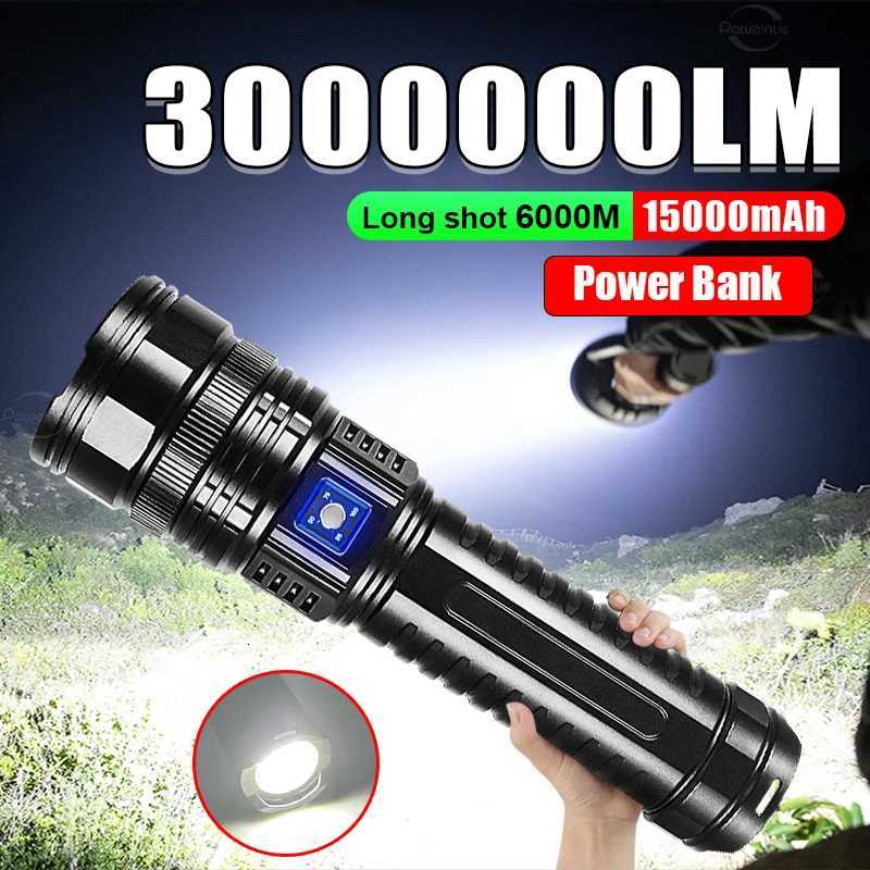 1500W LED Flashlight USB Rechargeable Flash Light 15000MAH High Power Flashlights Zoom Tactical Lantern Long Range 6km COB Torch Y250826