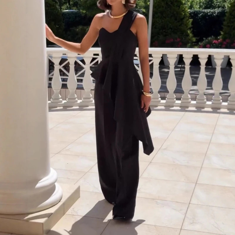 Fashion Sloping Collar Top and Long Pants Women Two Piece Summer Asymmetrical Slim Fit Office Suit Sexy Hollow Out Ruffle Outfit 250825