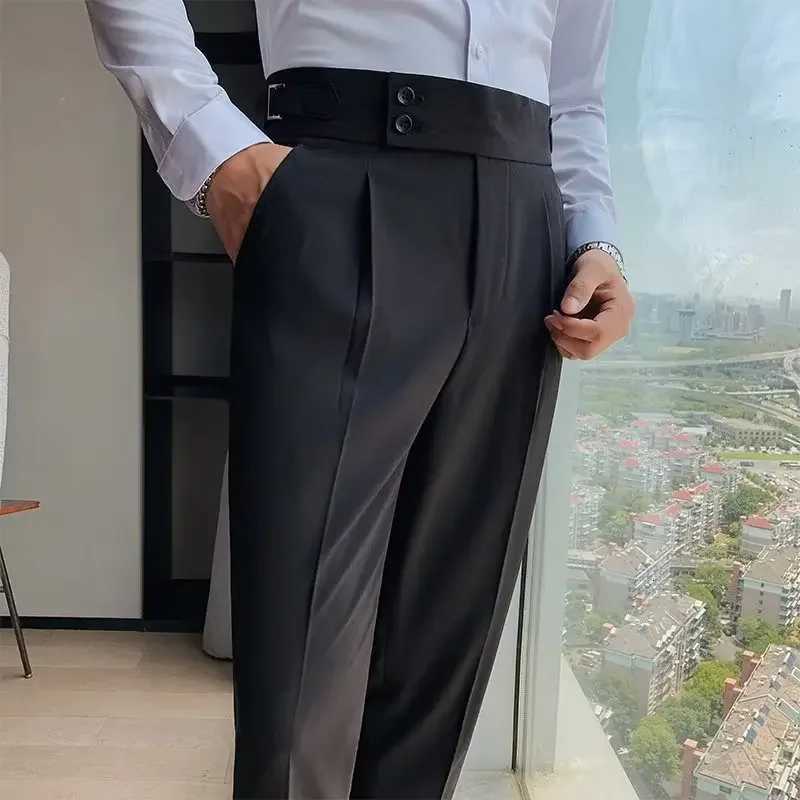 100 Cotton Mens Trousers Classic Trendy Paris Button Single Pleat Slims Smooths Your Silhouette Business Casual Pants W250826