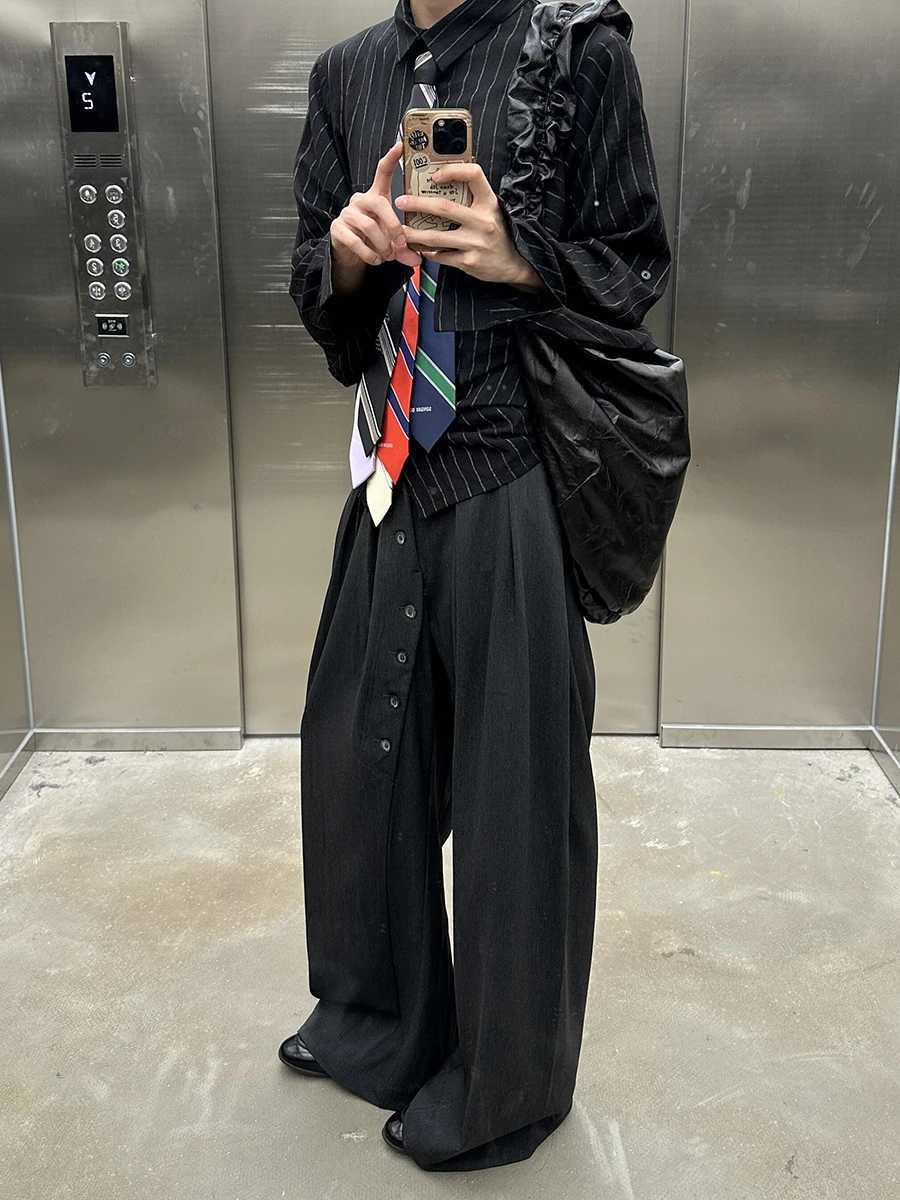 REDDACHiC Men Buttoned Pleated Front Suit Trousers Cleanfit Black Elastic Waist Wide Leg Dress Pants Office Work Casual Clothing W250826