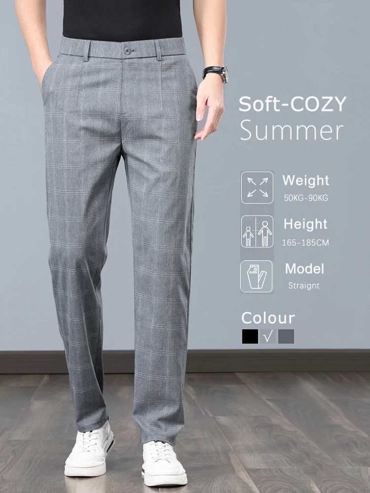 Summer Thin Plaid Formal Stretch Pants Men Slim Business Gray Black Casual Pants Fashion Mens Clothing England Trousers W250826