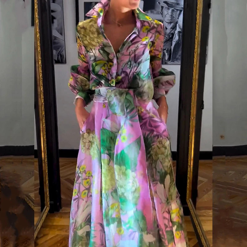Fashion Lace Up Party Outfit Elegant Pattern Print Autumn 2 Piece Sets Casual Lapel Lantern Sleeve Shirt Long Skirt Suit 250825