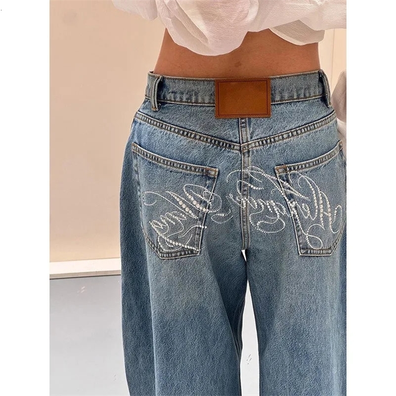 Gradient Spring 2025 Blue Women Y2K Vintage High Waisted Jeans Straight Streetwear Loose Large Wide Leg Denim Pants Z260313