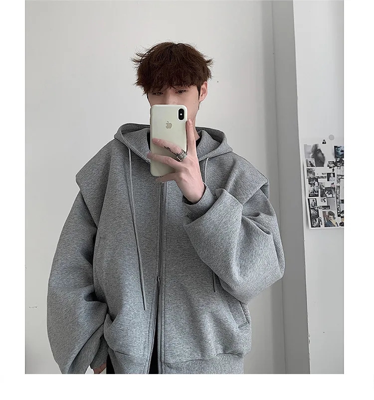 Autumn Winter Korean Style Solid Loose Mens Hooded Sweatshirt Fashion Harajuku Casual Zip Up Hoodie for Men Y2k Streetwear 250818