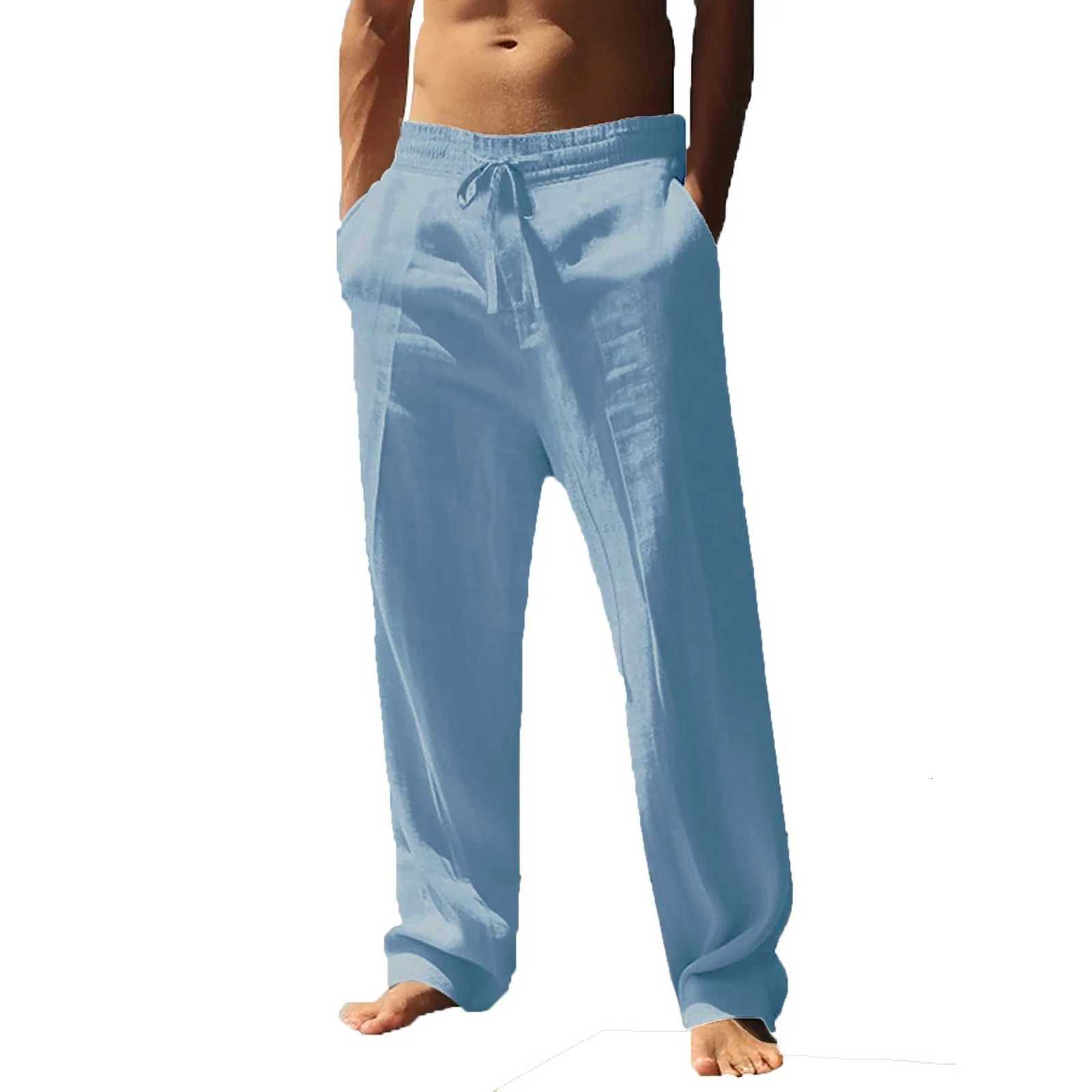 Mens Cotton Linen Long Pants Summer Solid Color Male Casual Elastic Waist Casual Pants Harajuku Trousers Breathable Linen Trousers W250826
