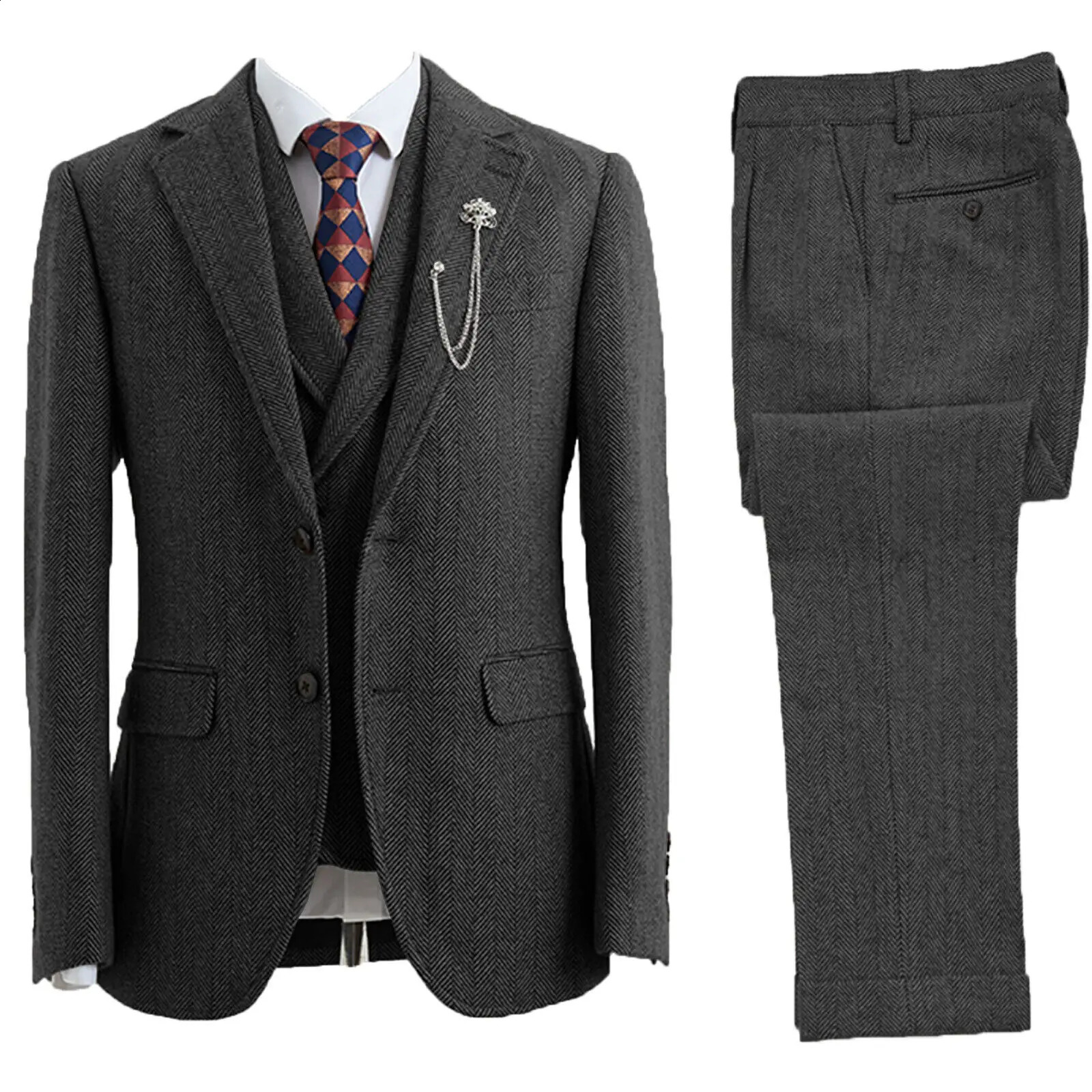 Men 3 Piece Suit Tweed Herringbone DoubleBreasted Wedding Tuxedos Size Clothing 251023