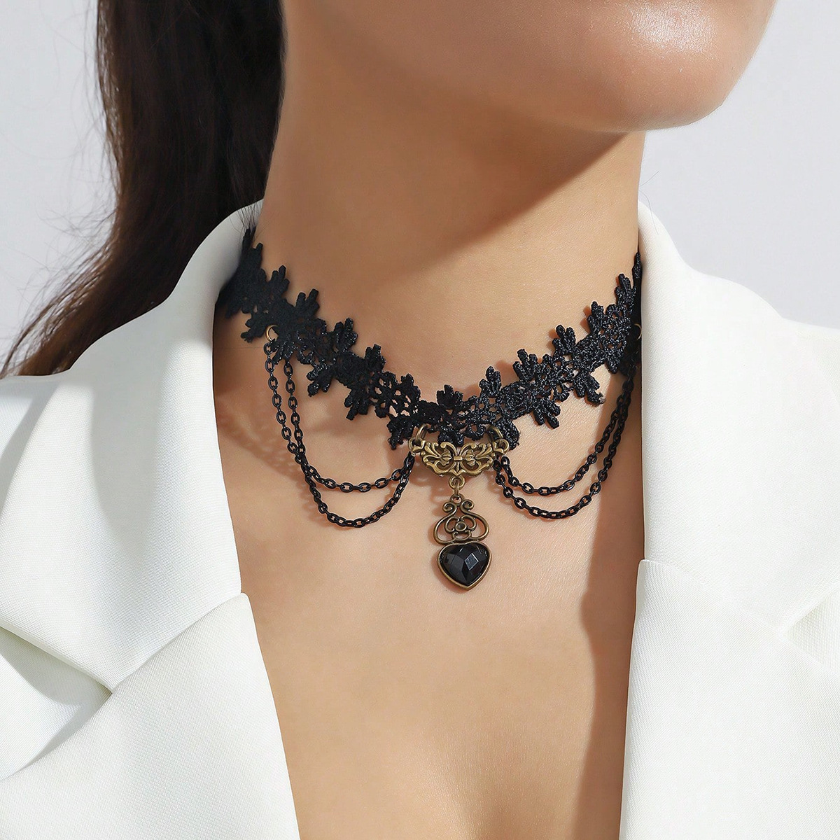 Gothic Lace Choker Necklace with Black Heart Pendant - Victorian Punk Collarbone Chain for Women, Elegant Dark Romance Jewelry - view 3