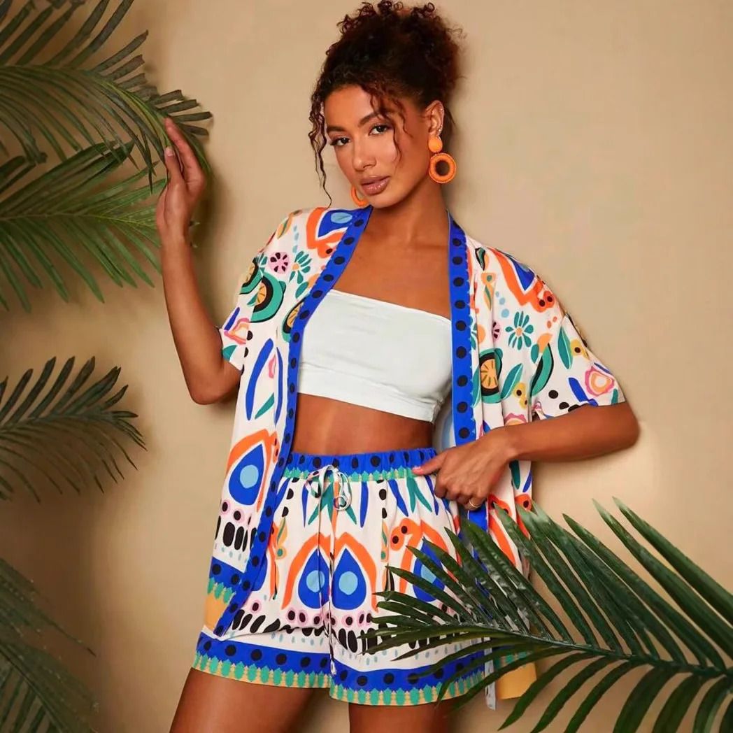 2025 Summer Fashion Printed Two Piece Set Women Casual Beach Style Holiday Cardigan Shirt Top Shorts 2Piece Outfit 250825