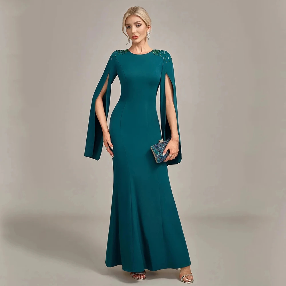 Lady Mermaid Mother Of The Bride Dress Round Neck Long Maniche Per Perline Di Perline Da Pausa Ospite Per Ospiti Per La Festa Della Caviglia Della C-image