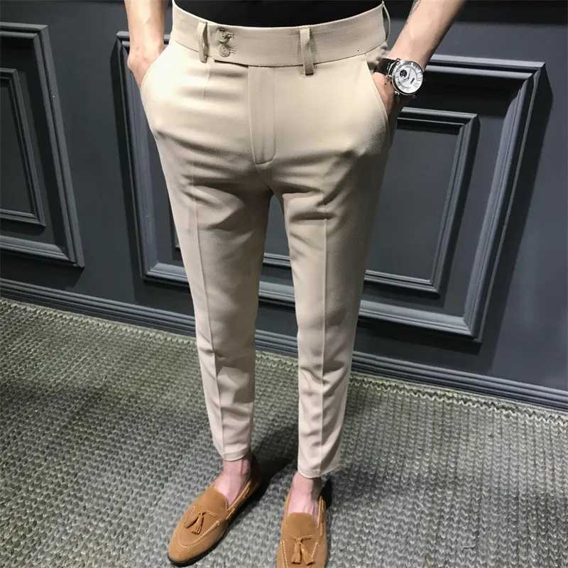Mens Fashion Slim Fit Comfortable Ankle Length Suit Pants Casual Elastic Solid Small Foot Nine Point Pants Commuting Wear W250826