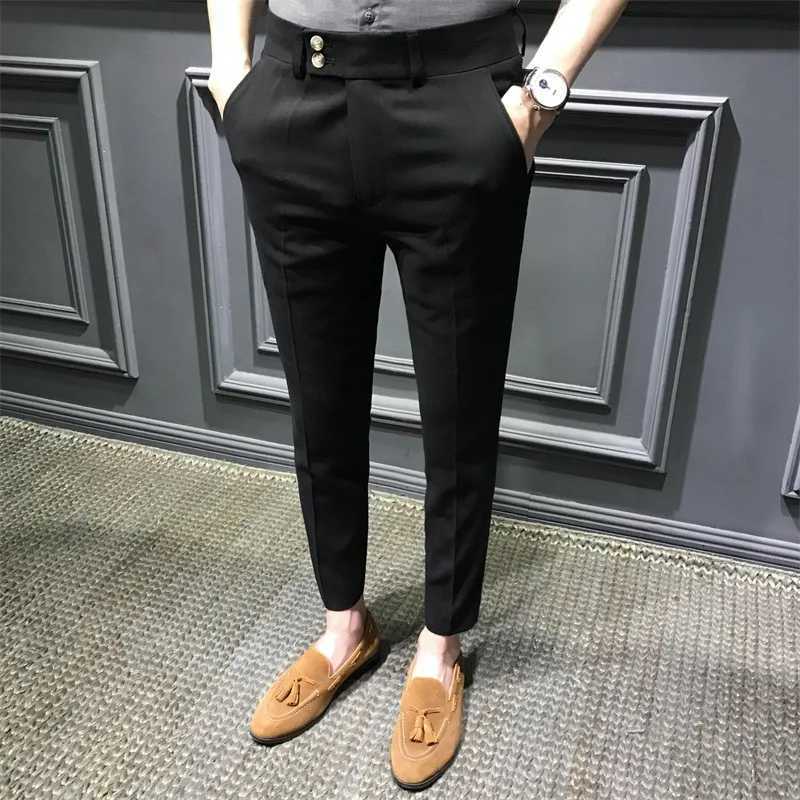Mens Fashion Slim Fit Comfortable Ankle Length Suit Pants Casual Elastic Solid Small Foot Nine Point Pants Commuting Wear W250826