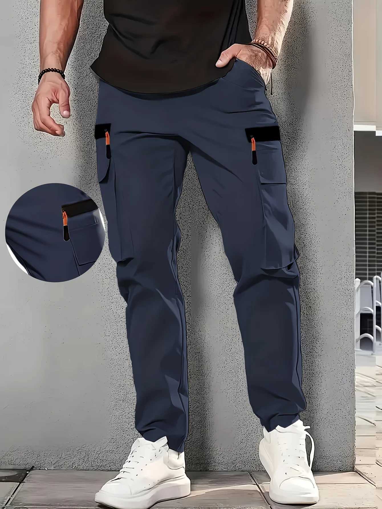 Mens Outdoor Work Pants Durable Polyester Multiple Pockets Elastic Waistband with Loops Lightweight and Breathable W250826