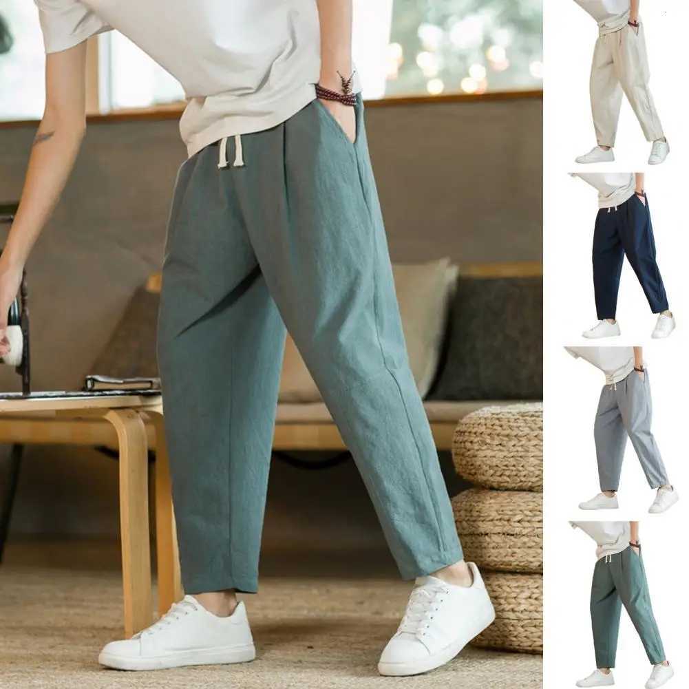 Men Cropped Trousers Men Casual Pants Mens Loose Straight Drawstring Ninth Pants with Elastic Waist Pockets Solid for Daily W250826