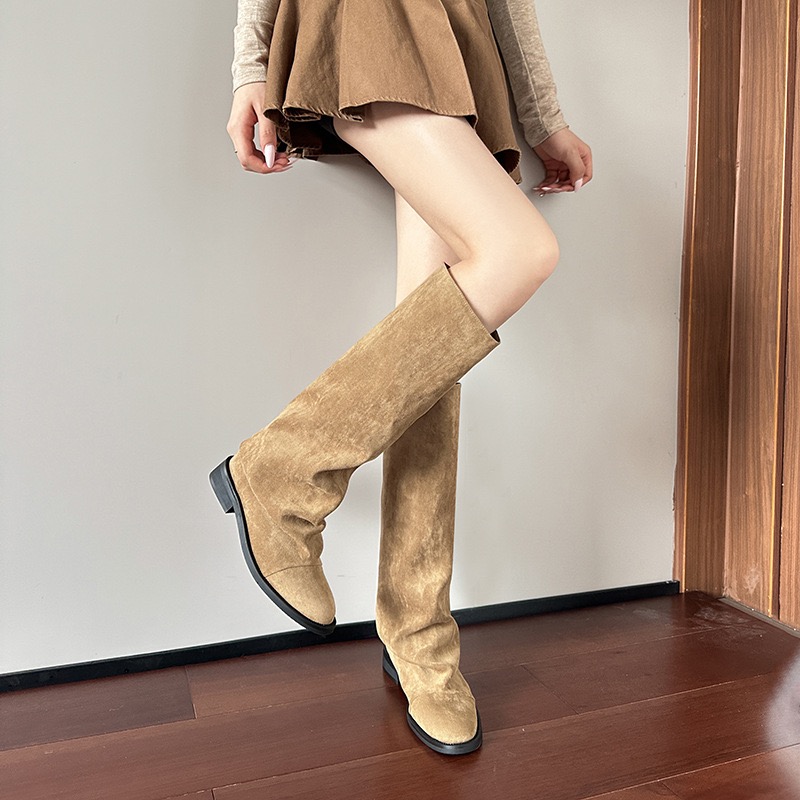 Fashion Autumn And Winter Round new Hot Head Long Leather Shoes Metal Knight Fold Flat Boots Punk Style 241212