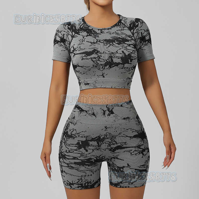 Jacquard Short Sleeve Yoga Top for Women High Waist Tummy Control Quickdry Peach Hip Yoga Shorts Set Tiedye H250825