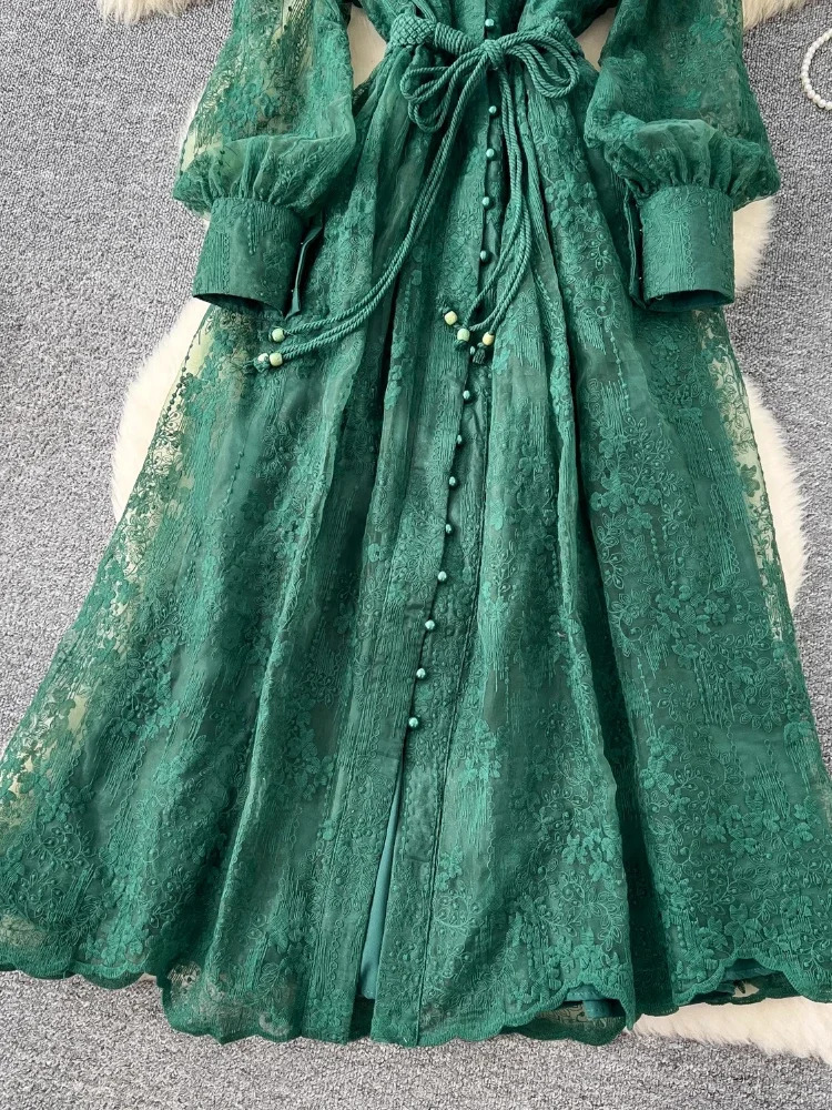 France Elegant Vintage High End Evening Dress Women Embroidery Sashes Long Party Dress Female Casual Fit Chic Clothing 250825