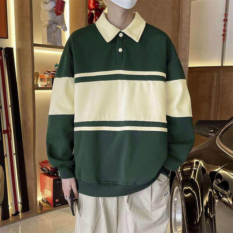 American Color Block Sweatshirt Unisex Loose Polo Shirt Couple Outfit Turn-down Collar Outerwear Ins Style Cool National Trend Top