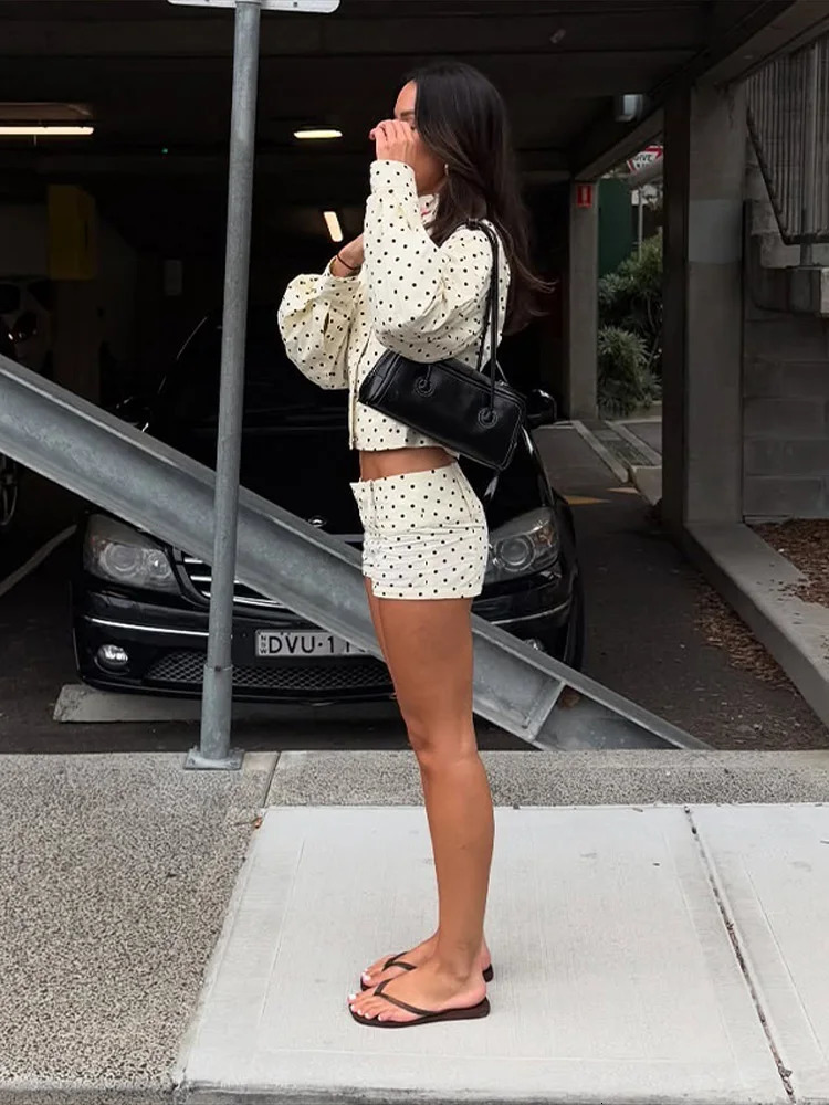 Polka Dots Print Jacket Shorts Set Womens Casual Full Sleeve Zipper Stand Collar Coat Slim Short Pants 2025 Autumn Outfit 250825