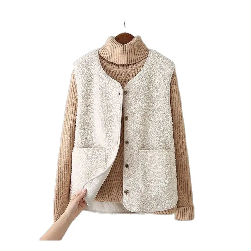 Vests Spring Autumn Women Button Waistcoat Lamb Wool Winter Thermal Warm Thick Fleece Sleeveless Jacket Ladies Coats 250923