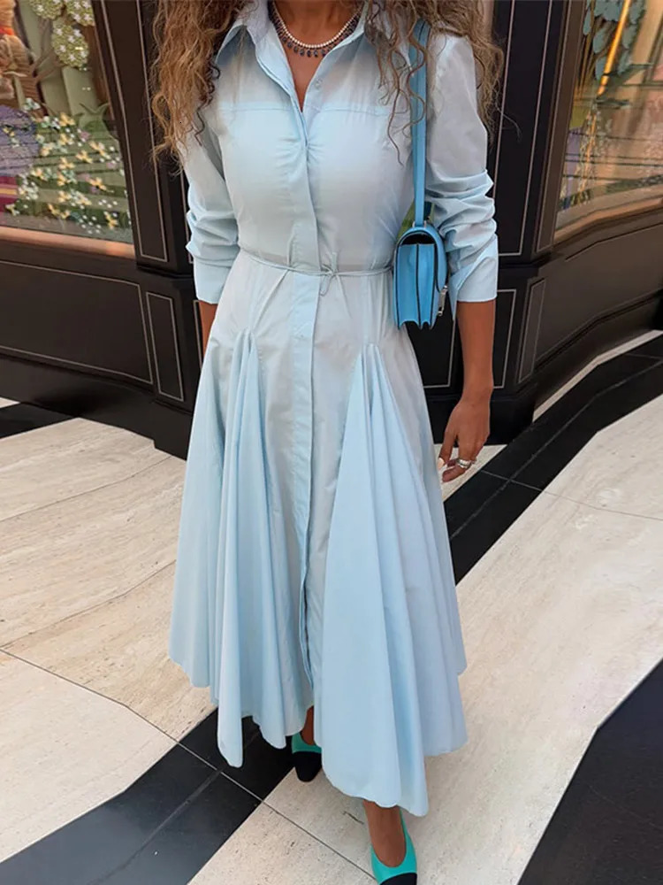 Solid Womens Casual Pleated Long Dress Fashion Lapel Full Sleeve Button Maxi Dress Lady 2025 Early Autumn Chic Street Robes 250825