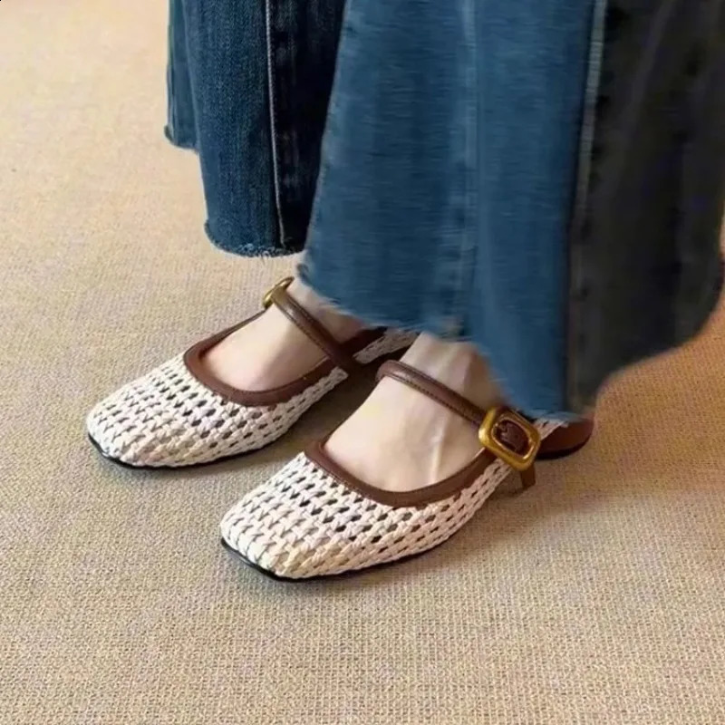 Vintage Leather Square Toe Woven Hollow-out Mary Jane Shoes Womens Shallow-cut Square Toe Thick Heeled Sandals 250821