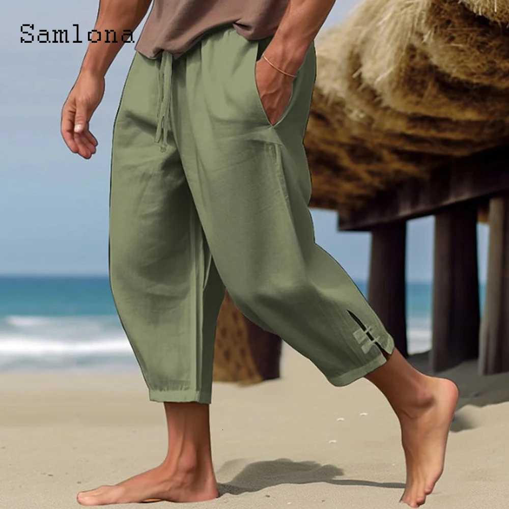 2023 Men Elegant Fashion Buckle Cuff Linen Pants Solid White AnkleLength Trousers Plus Size Mens Casual Drawstring Sweatpants W250826