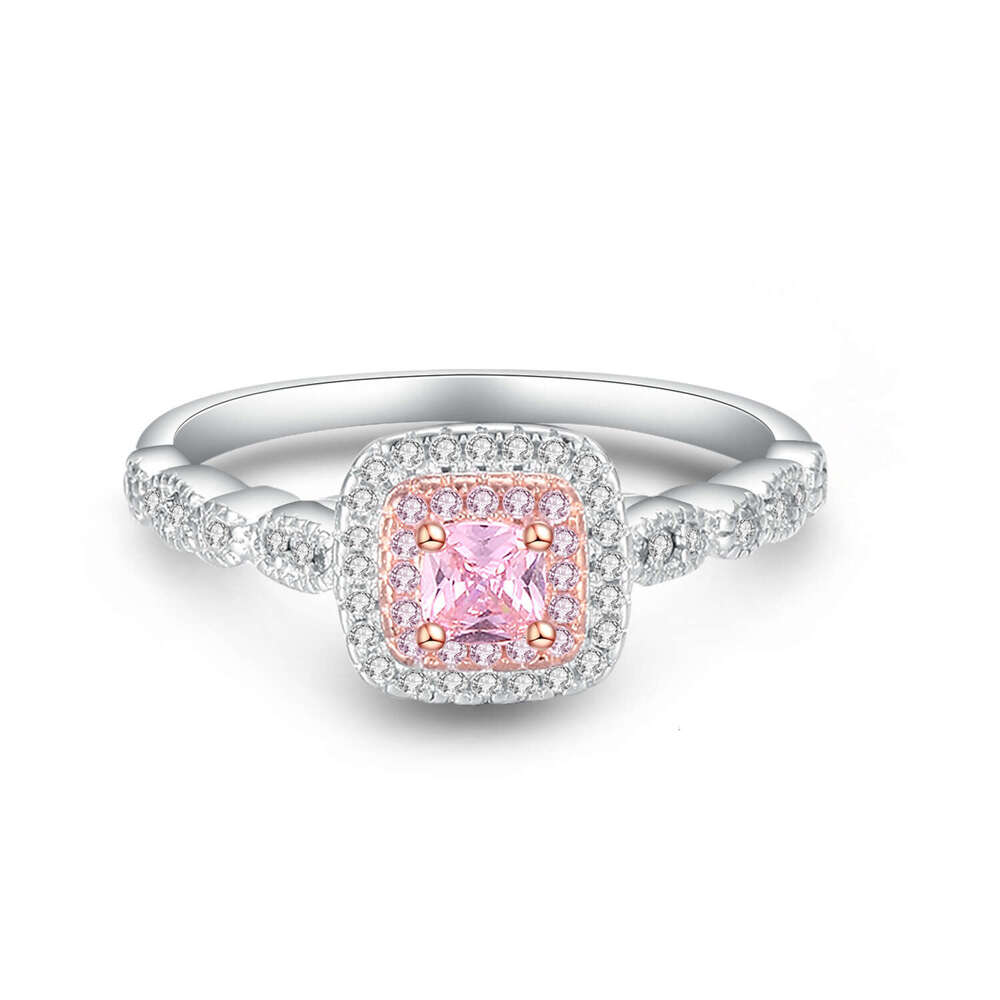 Pink Colorful Square Micro Pave Simulated Diamond Princess Style Women's Ring with Beaded Edge