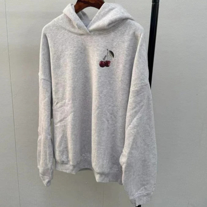 Streetwear Y2K Gothic Light Grey Casual Sweatshirt Pullover Hoodie Womens Classic Harajuku Cherry Graphic Print Oversized Hoodie 250825