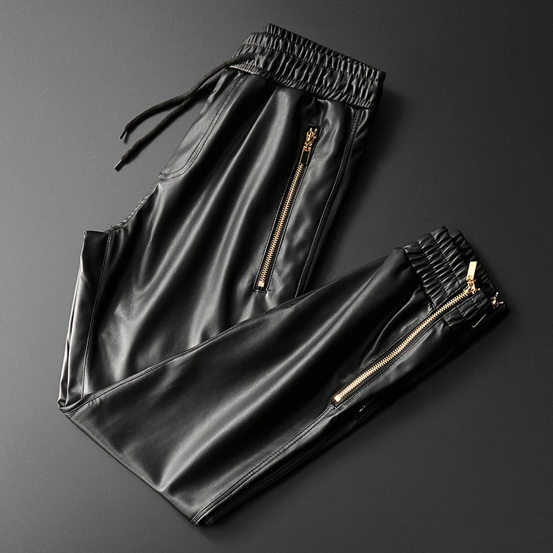 Mens Leather Pants Superior Quality Elastic Waist Jogger Pants PU Leather Motorcycle Trousers Bikers Pants250825