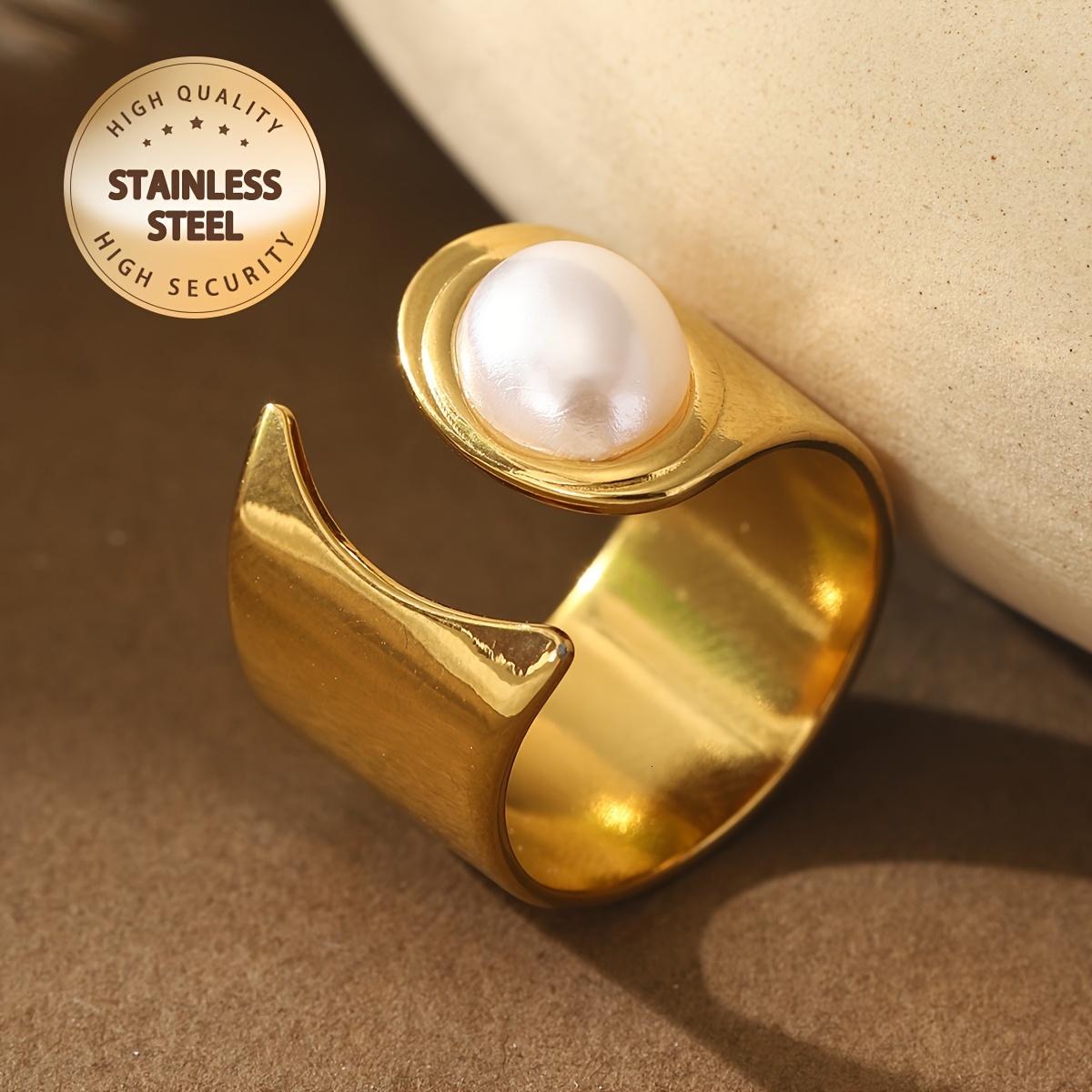 1 Piece Simple Open 304 Stainless Steel Ring, Women, Plated, Decorated with Imitation Pearls Suitable for Daily Wear, Parties, Graduations, Music Fest