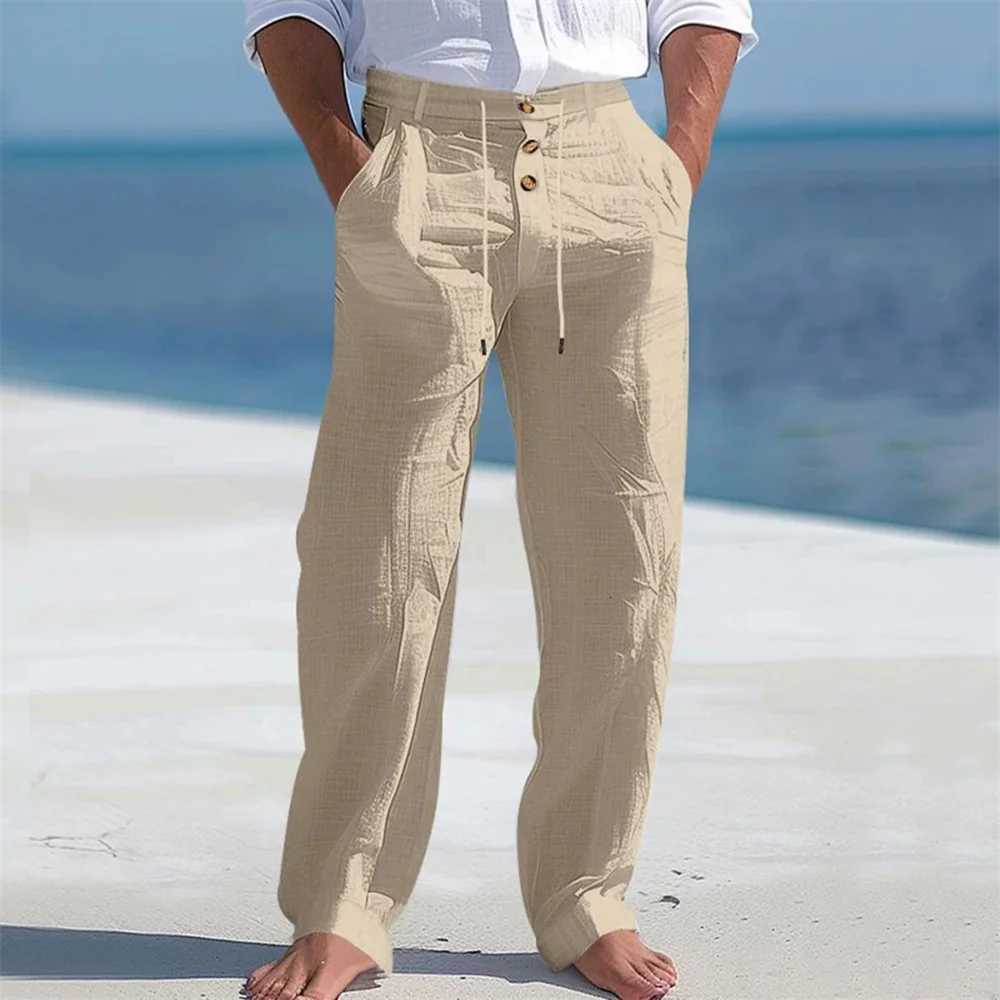 Mens Autumn Spring Cotton Pants Casual Breathable Cozy Trousers Button Drawstring Design Beach Style Vacation Long Pants W250826