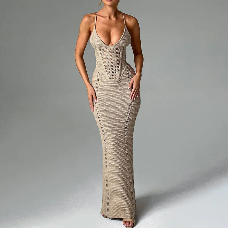 Fashion Solid V Neck Slim Fit Knit Maxi Dress Elegant Hollow Out Lace Up Backless Gown Lady Summer Vacation Beach Vestidos 250826