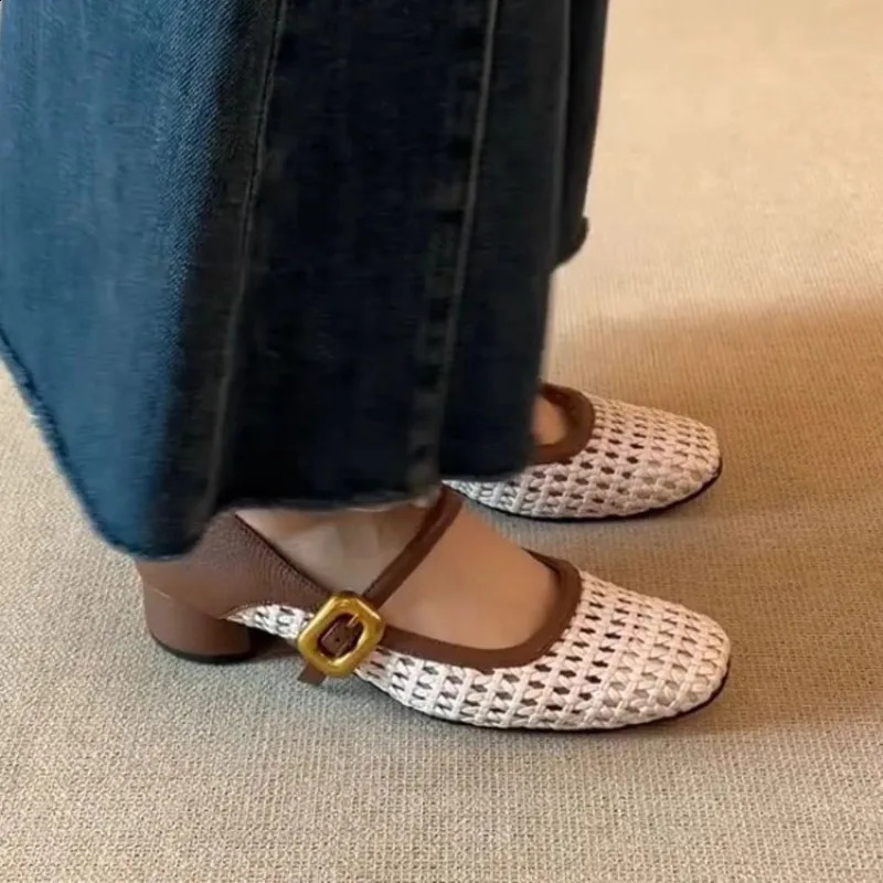 Vintage Leather Square Toe Woven Hollow-out Mary Jane Shoes Womens Shallow-cut Square Toe Thick Heeled Sandals 250821