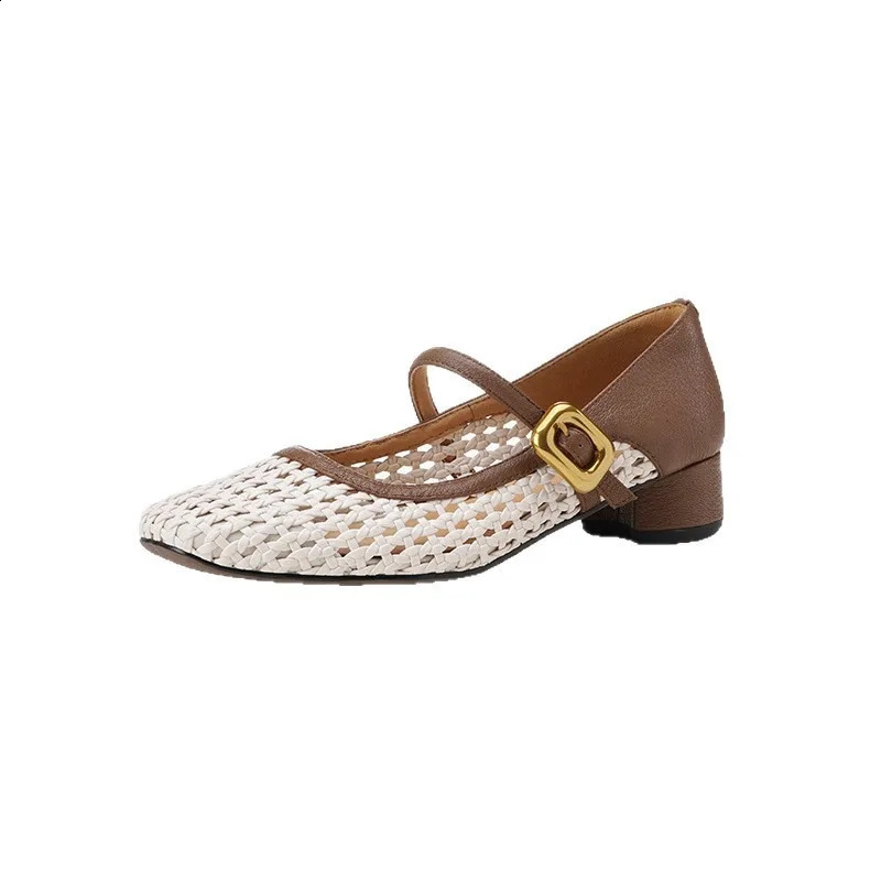 Vintage Leather Square Toe Woven Hollow-out Mary Jane Shoes Womens Shallow-cut Square Toe Thick Heeled Sandals 250821
