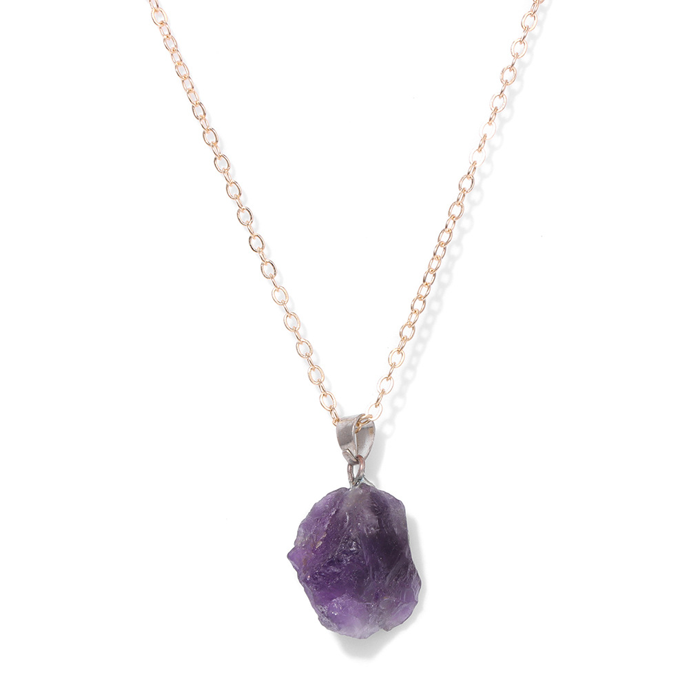 Natural Stone Pendant Necklace for Women Raw Amethyst Crystal Two Tone Chain Bohemian Statement Jewelry