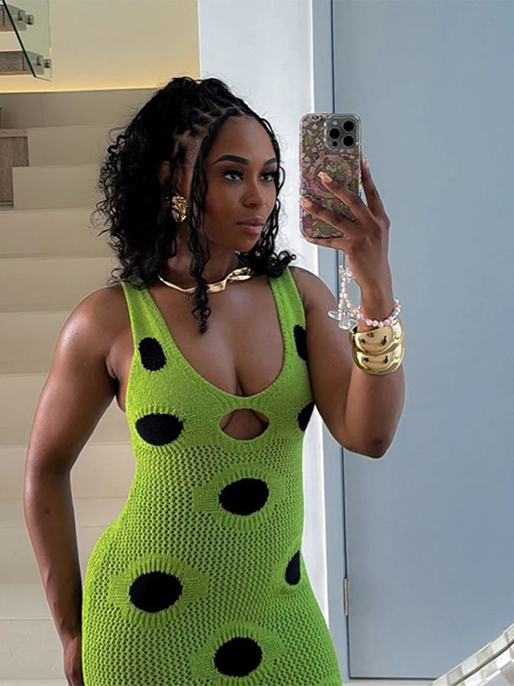 Polka Dot Tassels Knitted Sling Dresses Backless Sleeveless Patchwork Tassels Slim Split Hollow Out Maxi Robe Female Party Gown 250826