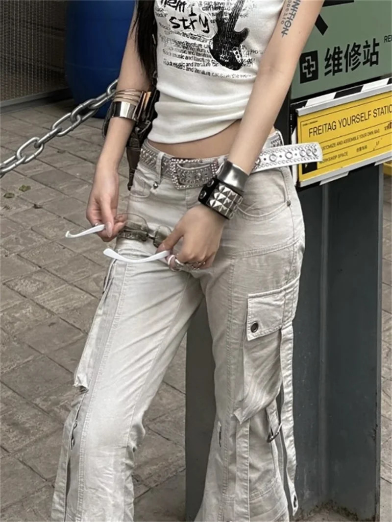 Women Goblin Core Y2k Japanese Harajuku Low Rise Denim Flare Cargo Pants 2000s Kpop BellBottom Long Trousers Punk Jean 250825
