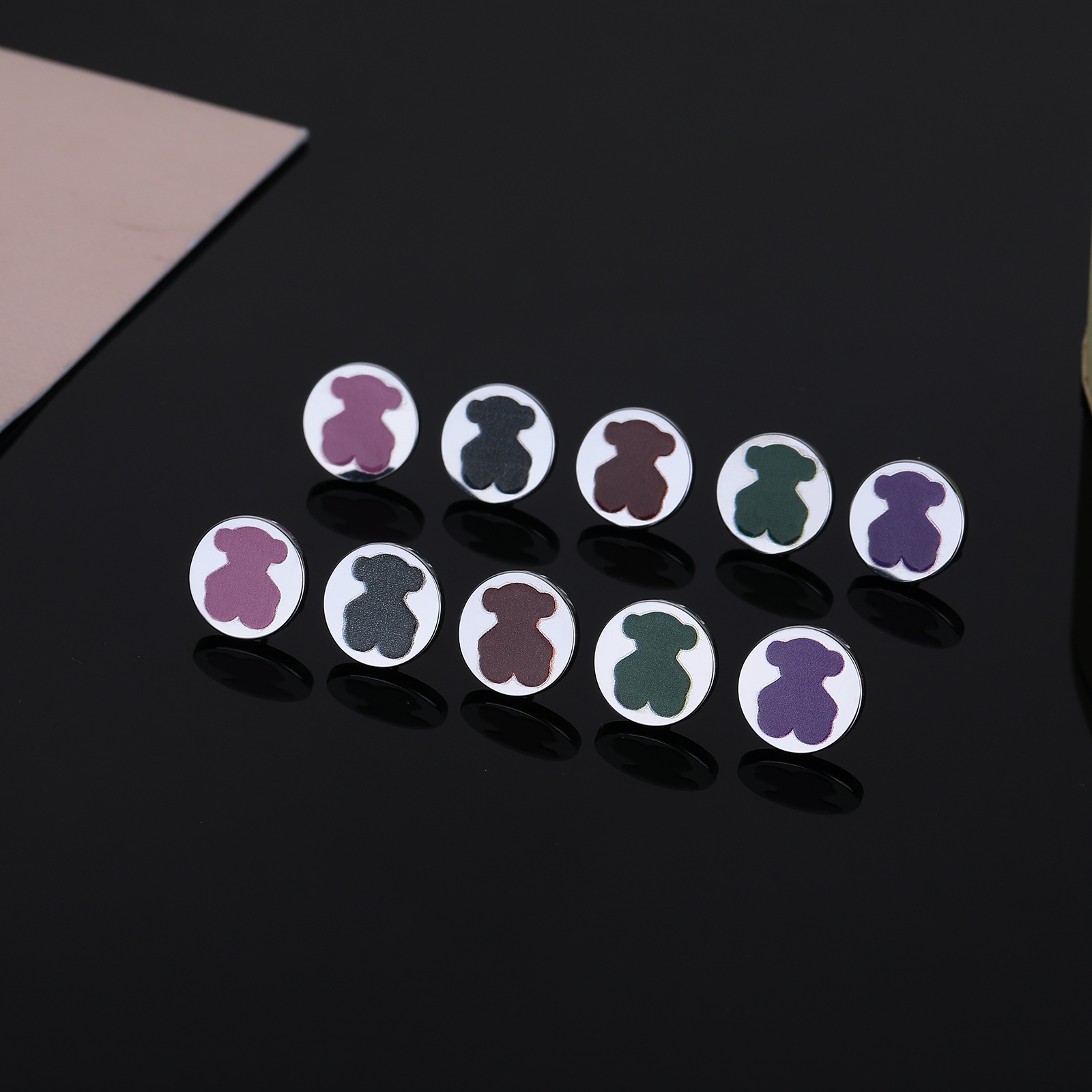 Fashion Women Men Girls Bear Silver Gold Stainless Steel Animal Round Circle Pink Green Purple Drop Oil Span Stud Earrings Jewelry