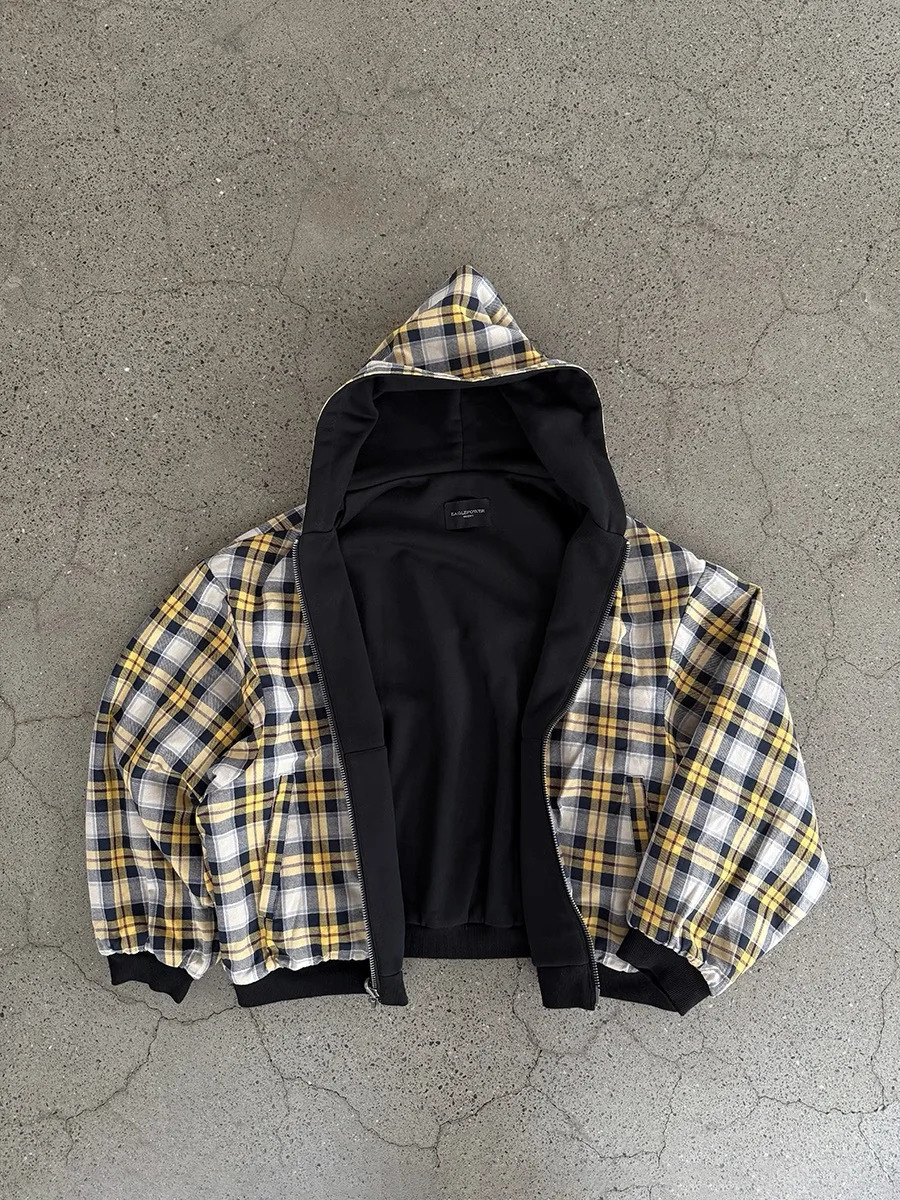 Casual Reversible Hoodies for Men Street Clothes Oversized Zip Up Hoodie Simple with Plaid Lining Solid Color Retro Sweatshirt 250825