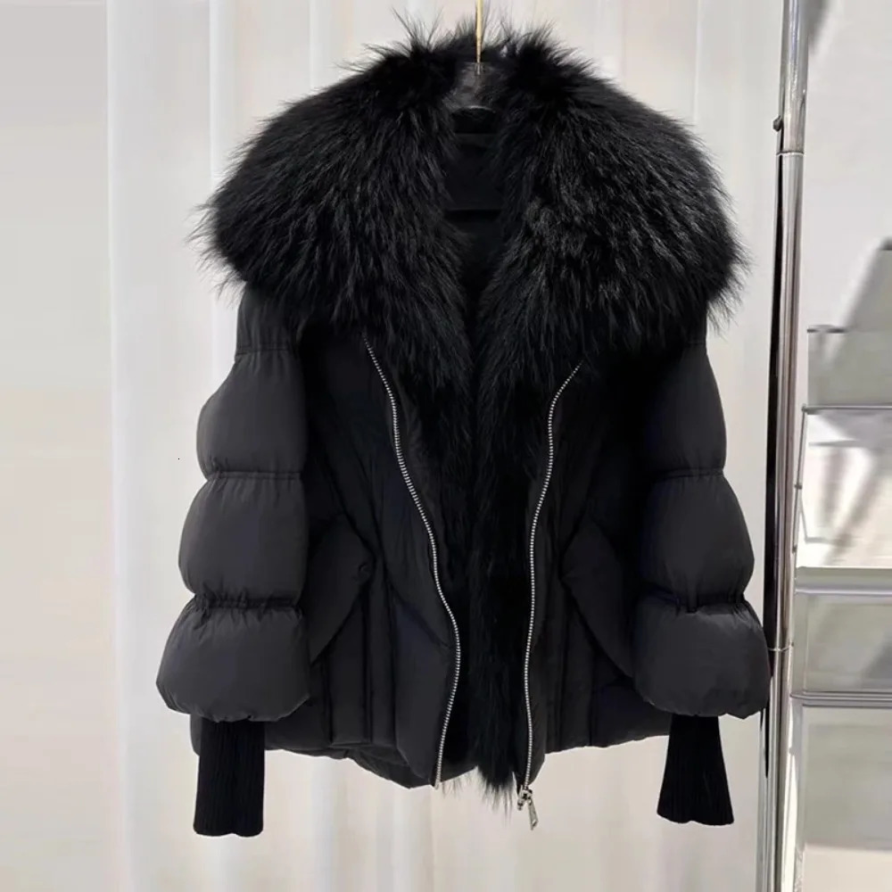 OFTBUY 2025 Winter Large Real Raccoon Fur Puffer Coat Women Oversized Feather Down Parka Knit Sleeve White Duck Down Jacket250825