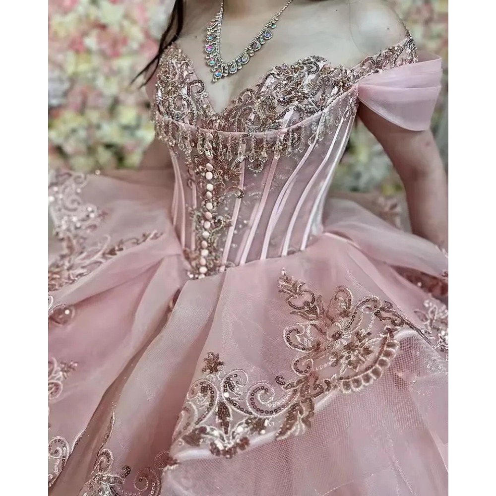 Customized Pink Beaded Lace Appliqued Princess Quinceanera Dresses Off Shoulder Women Pageant Sweet 16